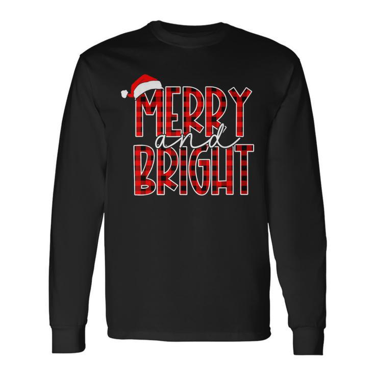 Merry And Bright Buffalo Plaid Red Santa Hat Christmas Xmas Long Sleeve T-Shirt