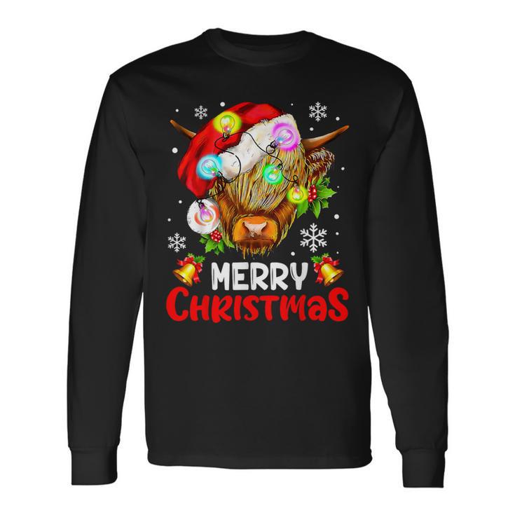 Merry Christmas Highland Cow Western Santa Hat Xmas Pajamas Long Sleeve T-Shirt