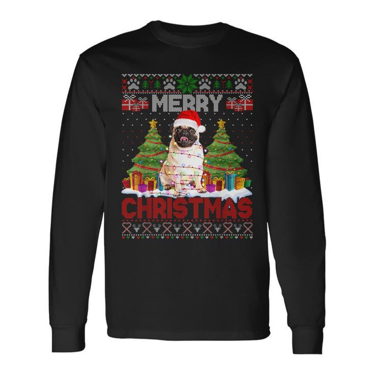 Merry Christmas Santa Light Pug Dog Family Ugly Sweater Long Sleeve T-Shirt