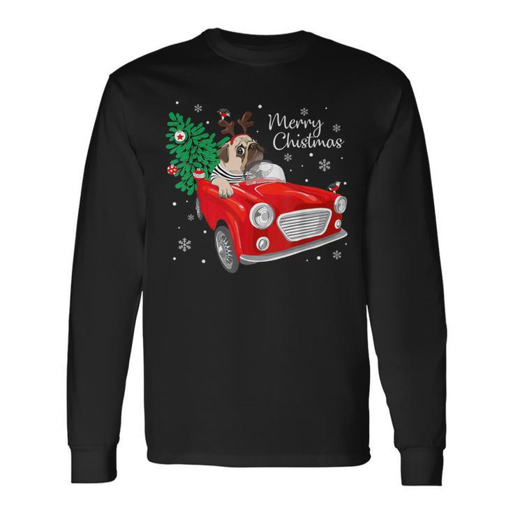 Merry Christmas Vintage Pug Dog Reindeer Red Truck Xmas Tree Long Sleeve T-Shirt