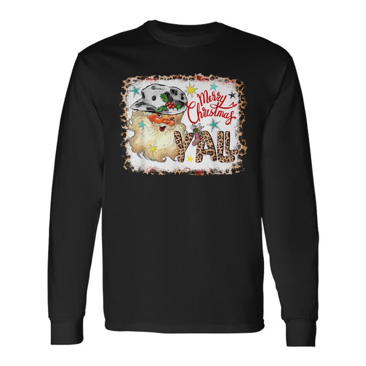 Merry Christmas Y'all Leopard Western Santa Cowboy Bleached Long Sleeve T-Shirt