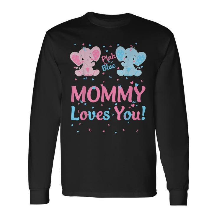 Mommy Gender Reveal Elephant Pink Blue Matching Family Mom Long Sleeve T-Shirt