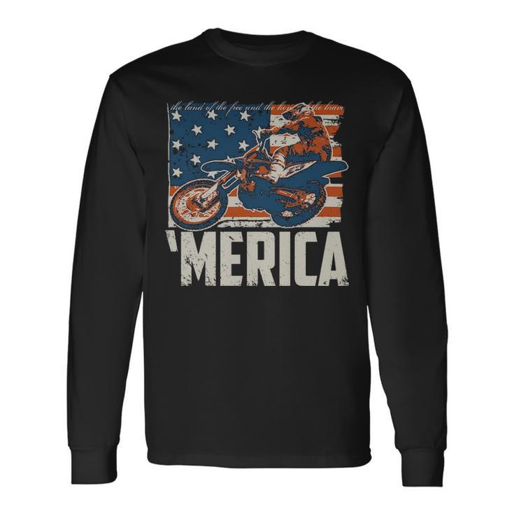 Motocross Racer Dirt Bike Merica American Flag Long Sleeve T-Shirt