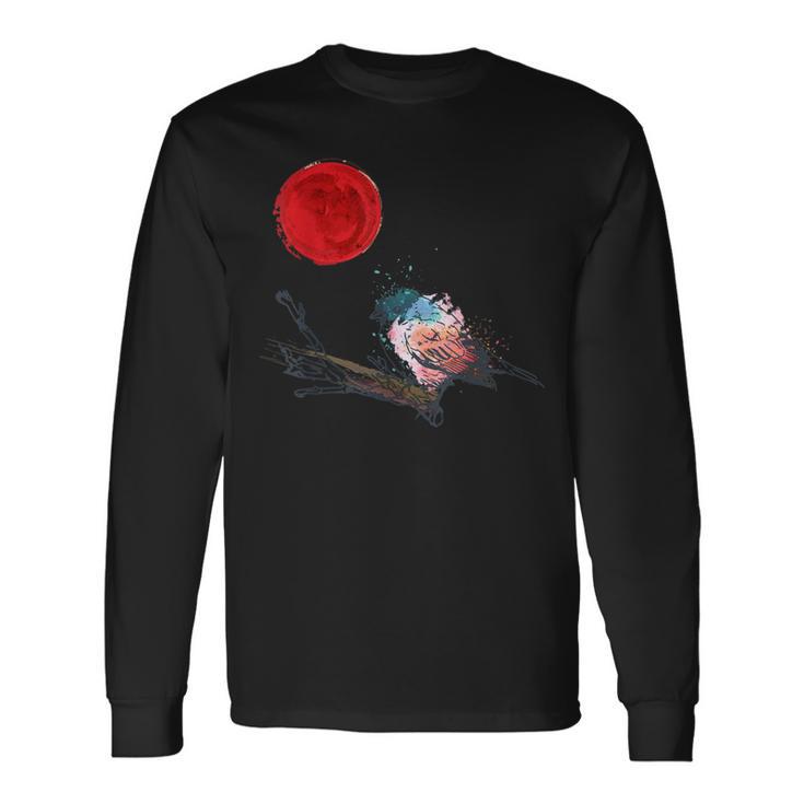 Murakami Birding Retro Colorful Bird Matching Red Moon Style Long Sleeve T-Shirt