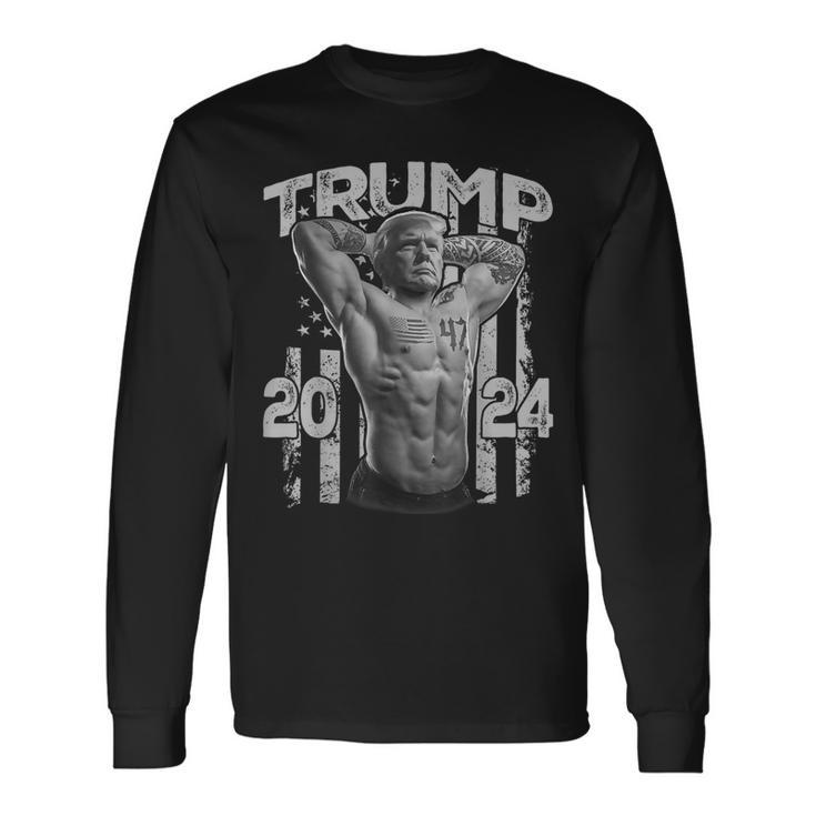 Muscle Trump President Bodybuilding American Flag Trump 2024 Long Sleeve T-Shirt
