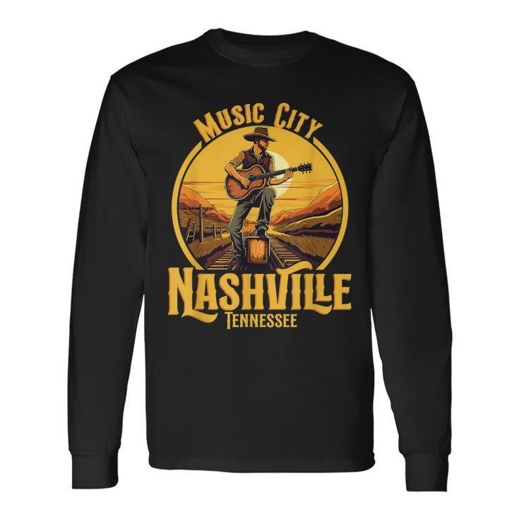 Music City Nashville Tennessee Vintage Guitar Country Music Long Sleeve T-Shirt