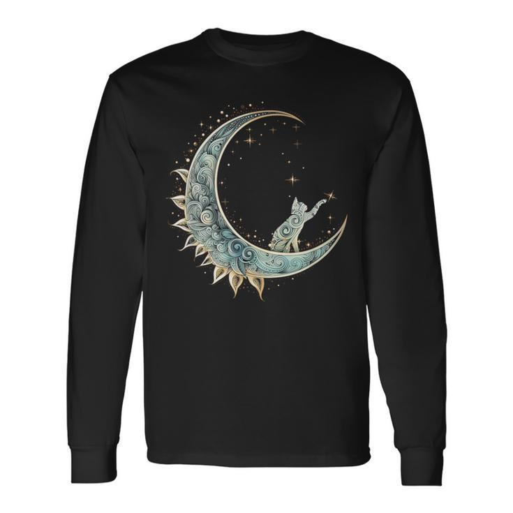 Mystical Aesthetic Cat Sitting On Crescent Moon Lunar Cat Long Sleeve T-Shirt