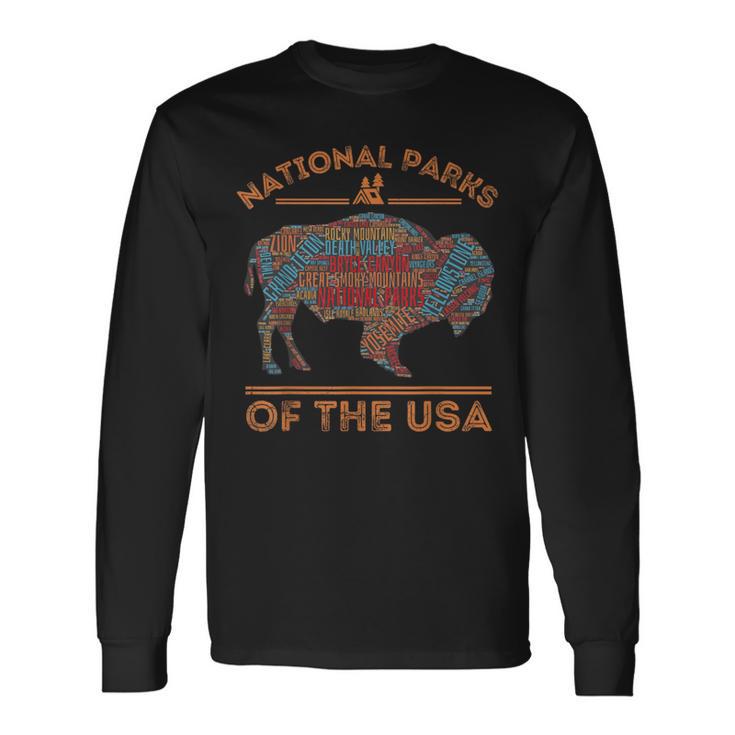 National Parks Usa Buffalo Travel Outdoors Hiking Vintage Long Sleeve T-Shirt