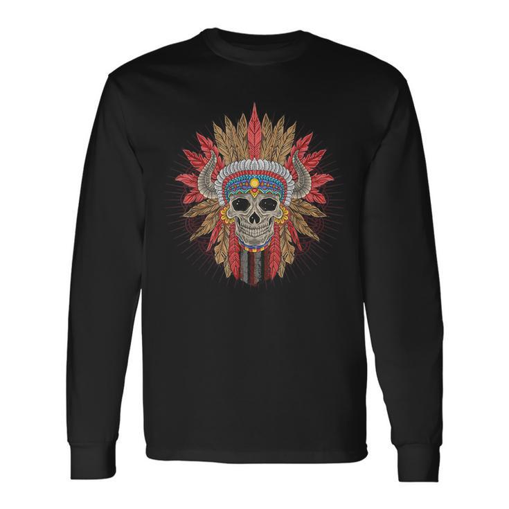 Native American Indian Chief Skull Motorcycle Headdress Red Long Sleeve T-Shirt