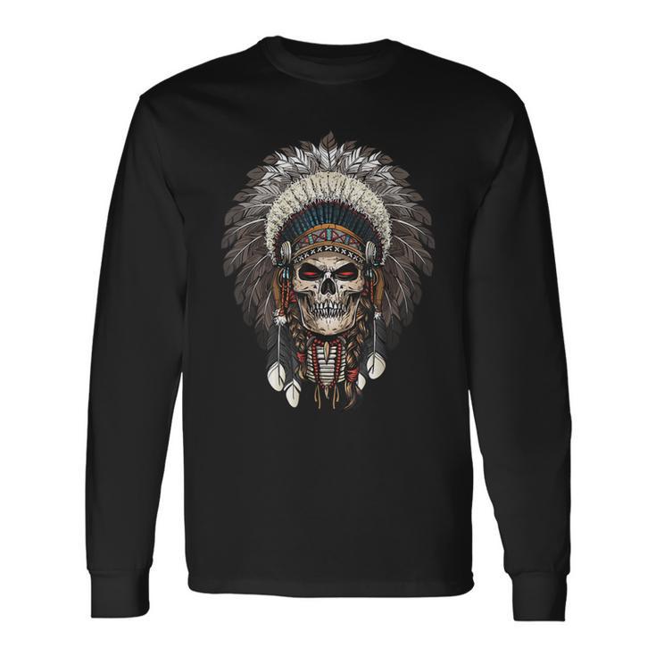 Native American Indian Chief Skull Motorcycle Rider Vintage Long Sleeve T-Shirt