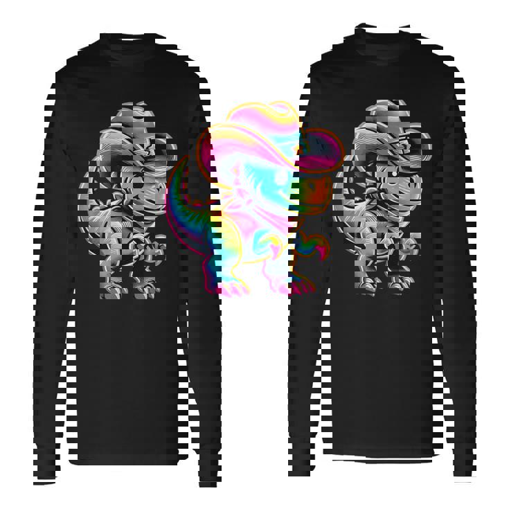 Neon-Colored Dinosaur In Cowgirl Or Cowboy Hat Cute T-Rex Long Sleeve T-Shirt