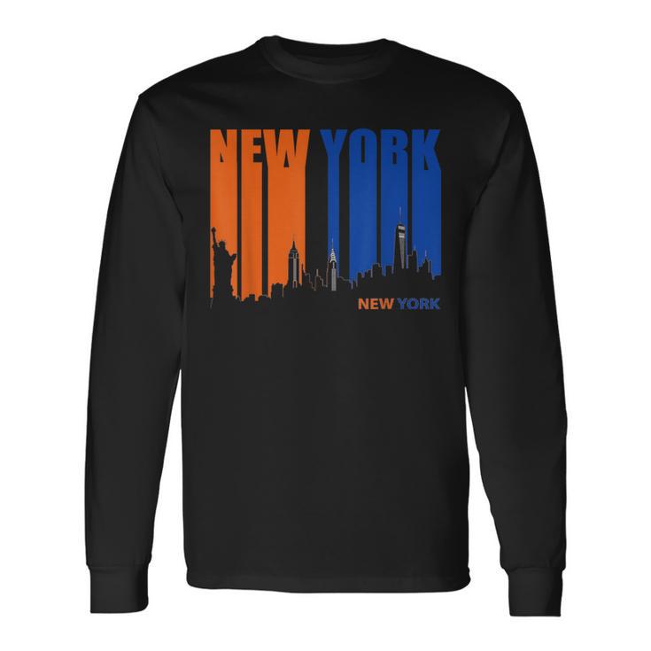 New York Orange & Blue Skyline Vintage Silhouette Long Sleeve T-Shirt