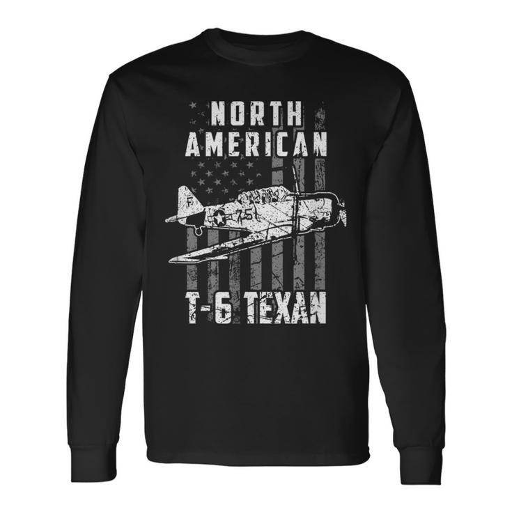 North American T-6 Texan Warbird Us Flag Vintage Aircraft Long Sleeve T-Shirt