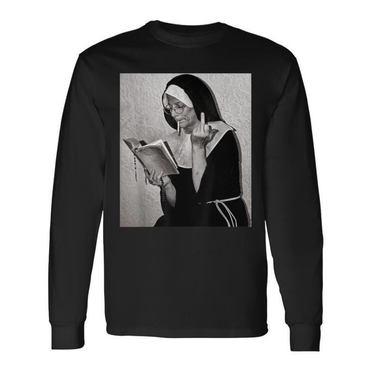 Nun Middle Finger Attitude Novelty Nun Unholy Langarmshirts Geschenkideen