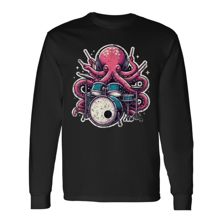 Octopus Playing Drums Drummer Musician Drumming Band Long Sleeve T-Shirt