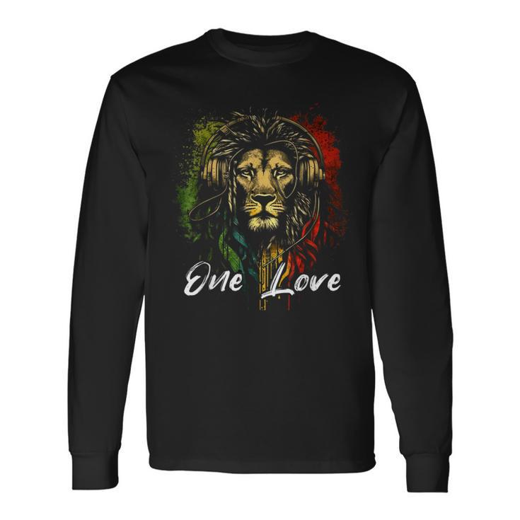 One Love Rasta Reggae Music Headphones Rastafari Reggae Lion Long Sleeve T-Shirt