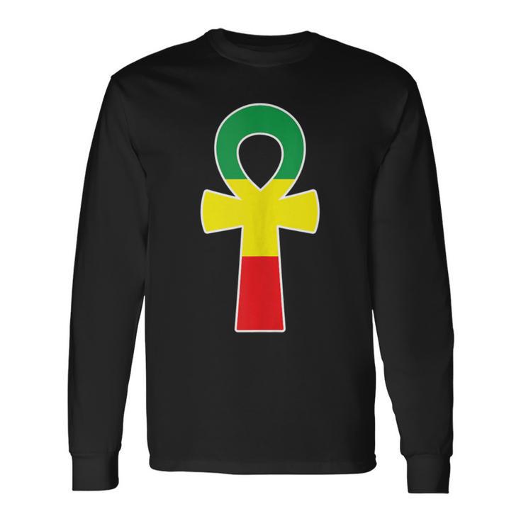 Pan African Flag Ankh Cross Black King Black Egyptian Nubian Long Sleeve T-Shirt