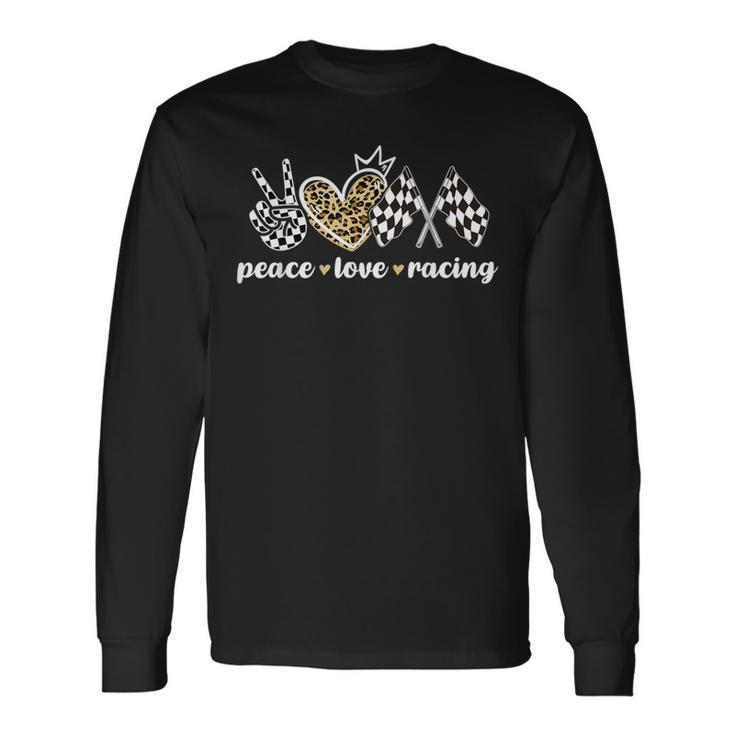 Peace Love Racing Leopard Print V Sign Heart Flag Racing Long Sleeve T-Shirt