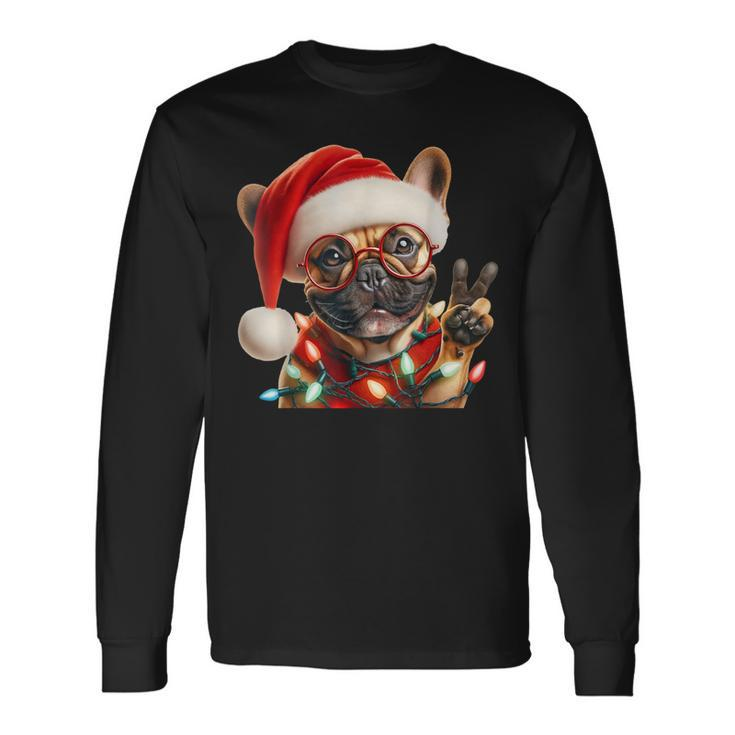 Peace Sign Hand French Bulldog Santa Christmas Dog Pajamas Long Sleeve T-Shirt Gifts ideas
