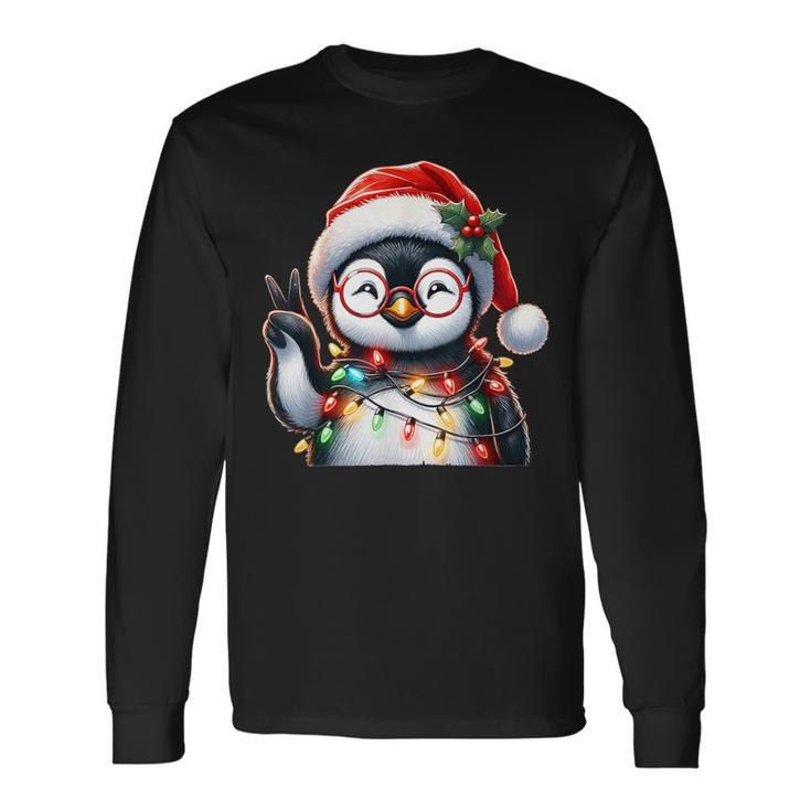 Peace Sign Hand Penguin Santa Christmas Penguin Pajamas Long Sleeve T-Shirt