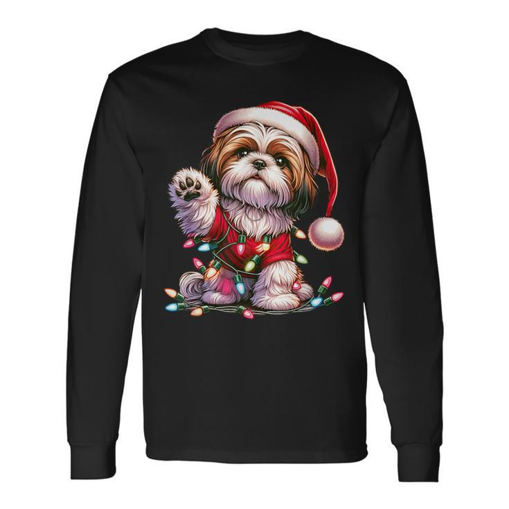 Peace Sign Hand Shih Tzu Santa Christmas Dog Pajamas Long Sleeve T-Shirt