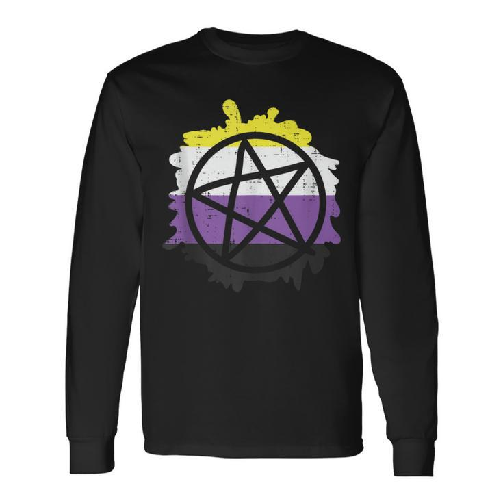 Pentagram Satanic Goth Lgbtq Non-Binary Flag Genderqueer Long Sleeve T-Shirt