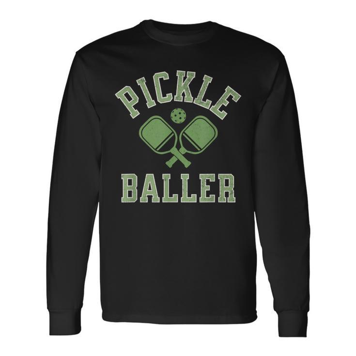 Pickle Baller Distressed Retro Athletic Pickleball Long Sleeve T-Shirt