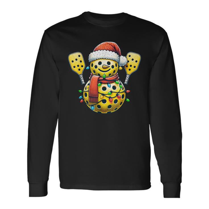 Pickleball Snowman Santa Hat Lights Christmas Pickleball Long Sleeve T-Shirt
