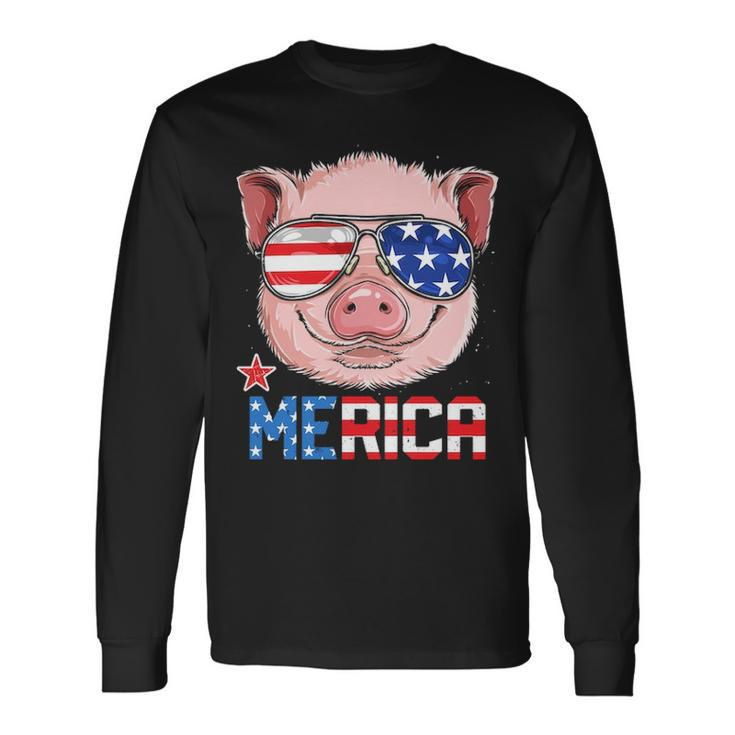 Pig 4Th Of July Merica American Flag Sunglasses Long Sleeve T-Shirt