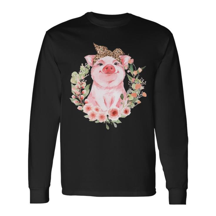 Pig With Leopard Headband Flower Cute Pig Lover Long Sleeve T-Shirt