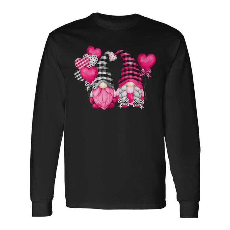 Pink Buffalo Plaid And Heart Balloons Valentine's Day Gnome Long Sleeve T-Shirt