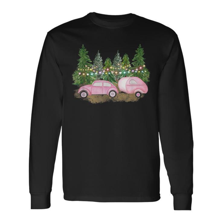 Pink Christmas Retro Pink Car & Camper Christmas Tree Lot Long Sleeve T-Shirt