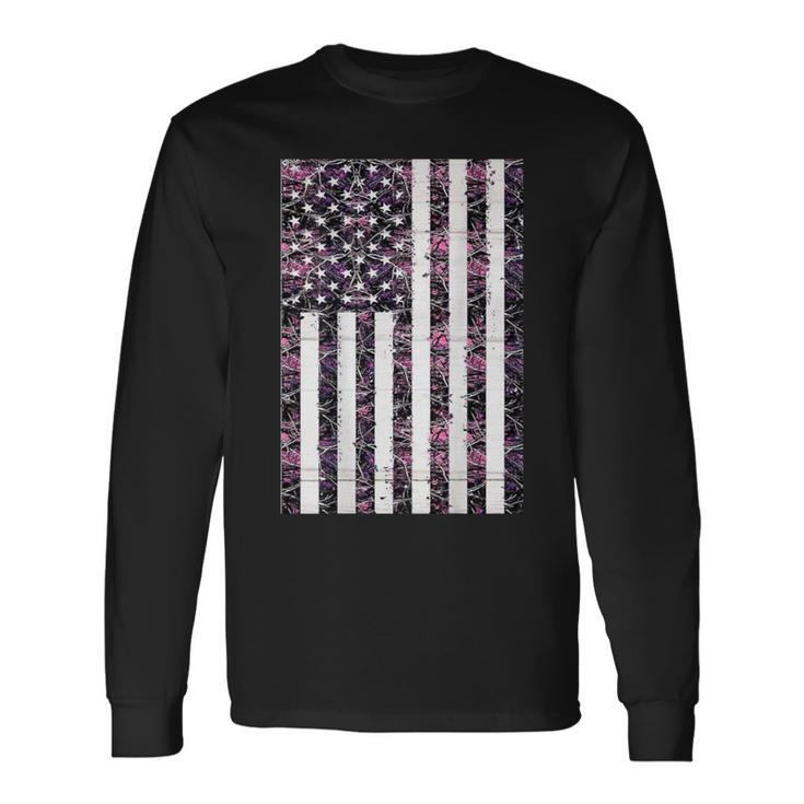 Pink Deer Hunting Camo Camouflage American Flag Back Print Long Sleeve T-Shirt