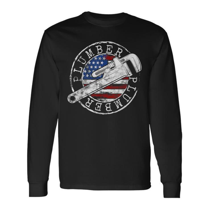 Plumber American Flag Plumbing Usa Patriot Stamp Style Long Sleeve T-Shirt