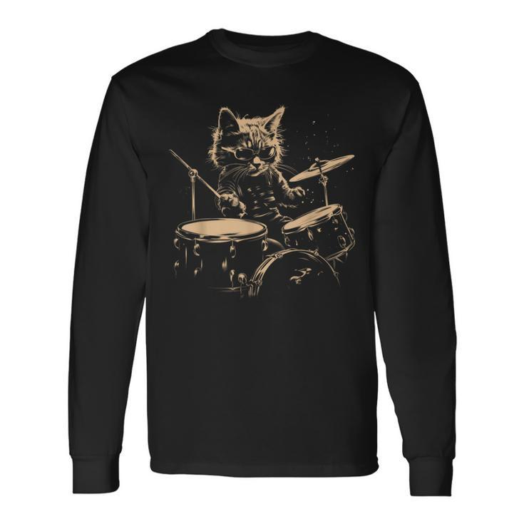 Pop Rock Drummer Cat Kitten Music Playing Drums Music Bands Long Sleeve T-Shirt