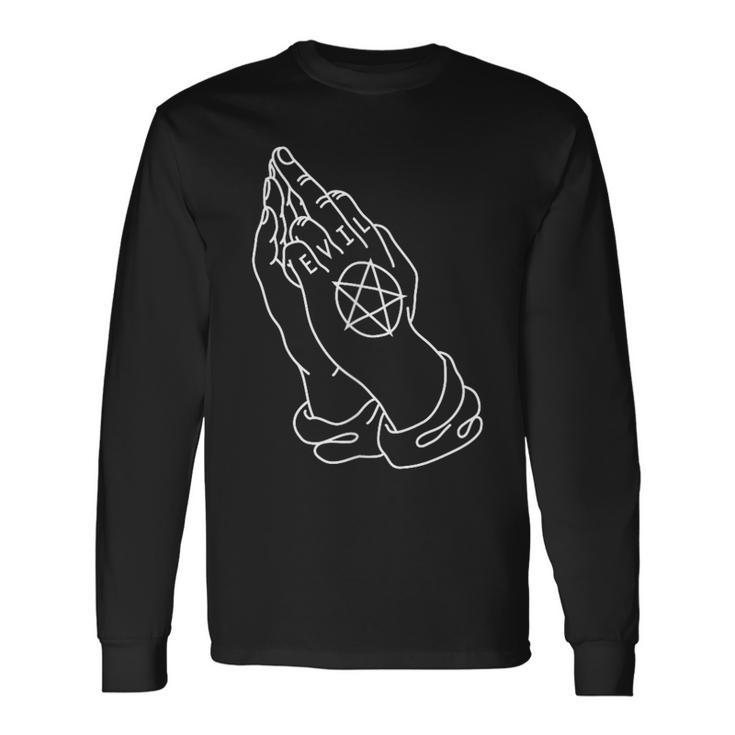 Prayer Hands Giving The Finger With Evil & Pentagram Tattoo Long Sleeve T-Shirt