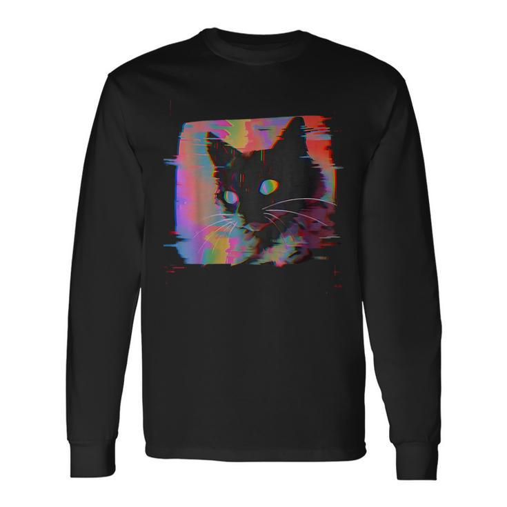 Psychedelic Weirdcore Cat Vaporwave Aesthetic Grunge Punk Long Sleeve T-Shirt