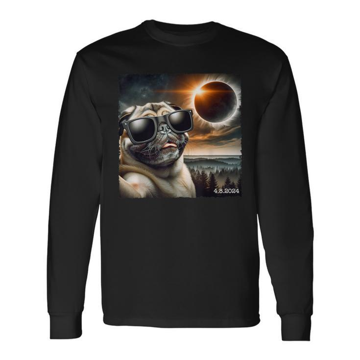 Pug Glasses Taking A Selfie With Solar 2024 Eclipse Long Sleeve T-Shirt Gifts ideas