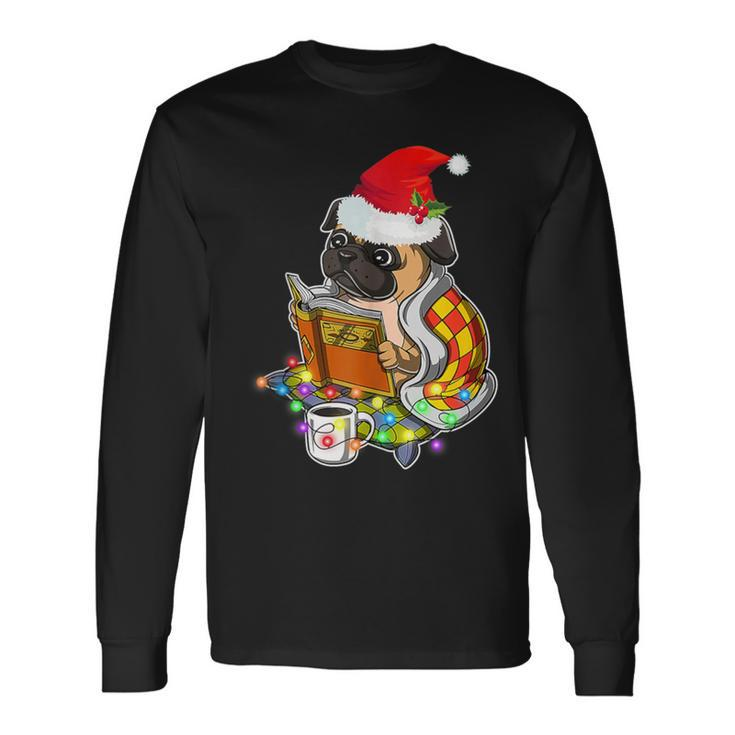 Pug Reading Book Dog Bookworm All Booked For Christmas Long Sleeve T-Shirt