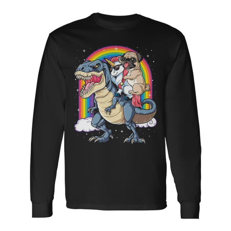 Pug Unicorn Dinosaur T Rex Kids Girls Women Rainbow Long Sleeve T-Shirt