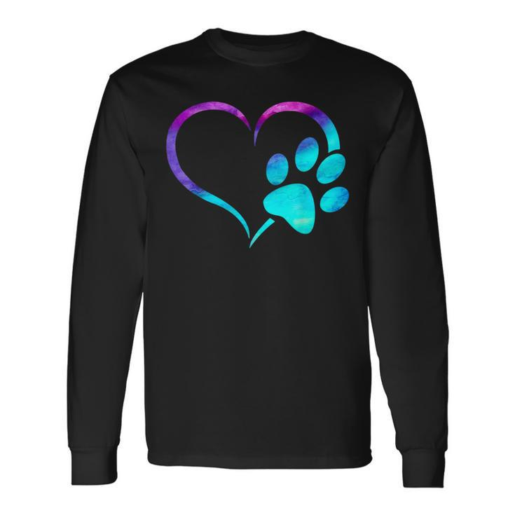 Purple Cyan Turquoise Dog Paw Print Heart For Dogs Lover Long Sleeve T-Shirt