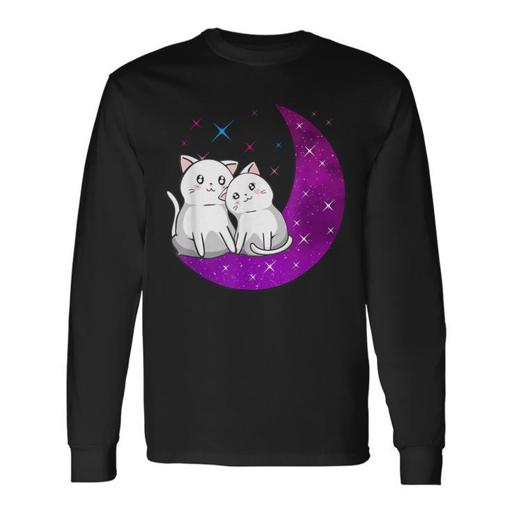 Purple Moon Cats Romantic Fantasy Kawaii Aesthetic Anime Cat Long Sleeve T-Shirt