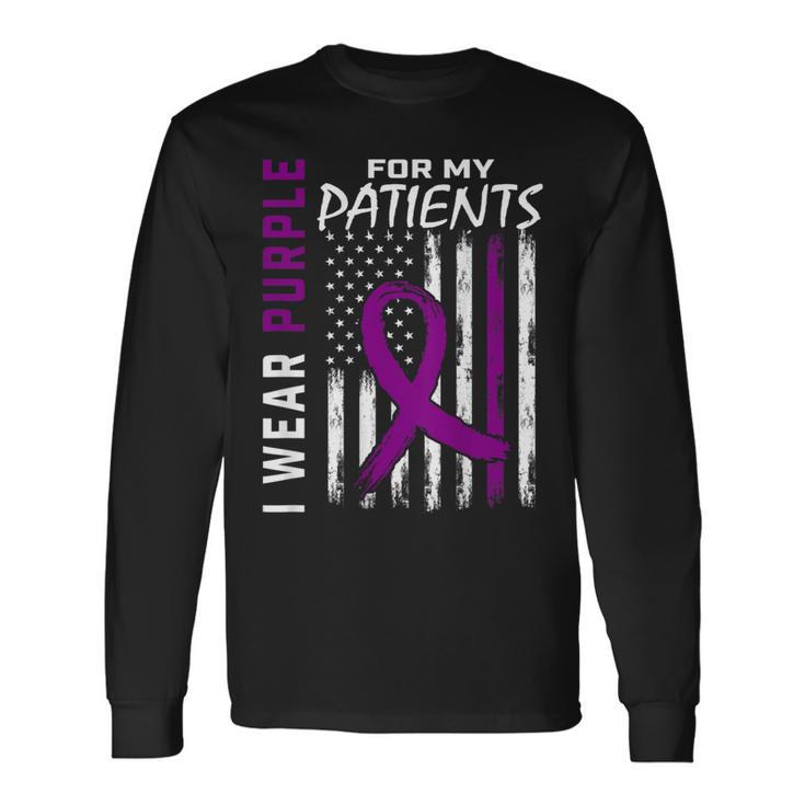 Purple For Patients Alzheimers American Flag Print On Back Long Sleeve T-Shirt