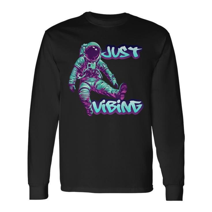 Purple And Teal Astronaut Just Vibing Graphic For Men Long Sleeve T-Shirt