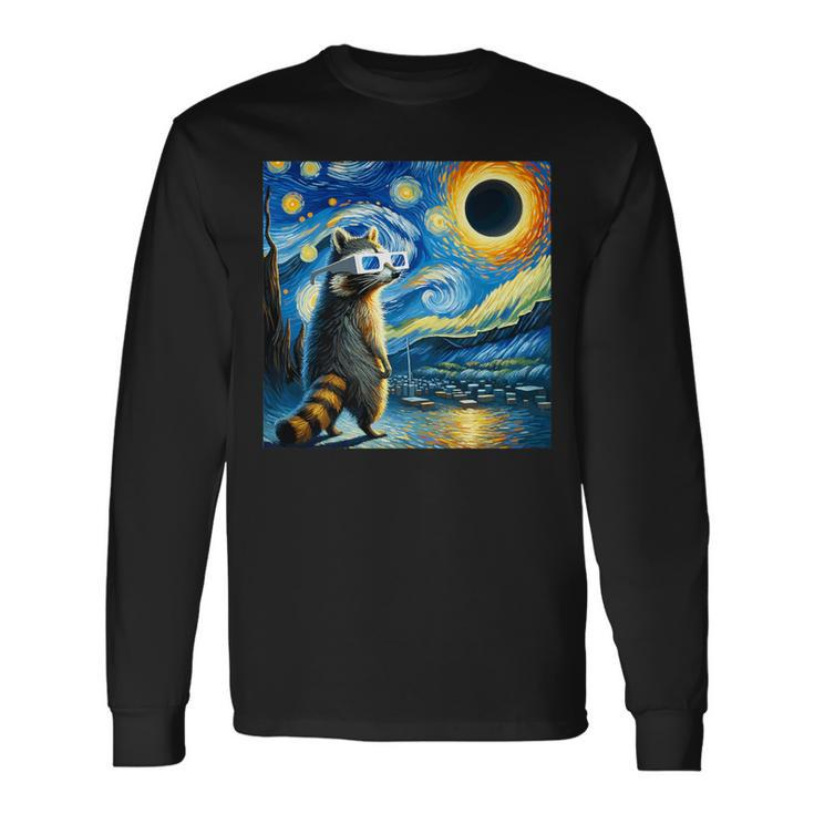 Raccoon Total Solar Eclipse 2024 Van Gogh Raccoon Glasses Long Sleeve T-Shirt