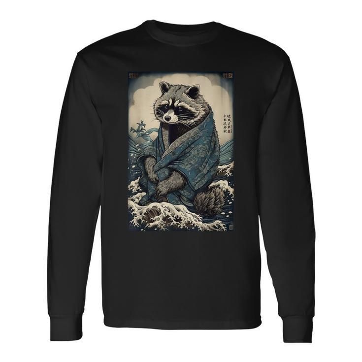 Raccoon And Waves Japanese Long Sleeve T-Shirt