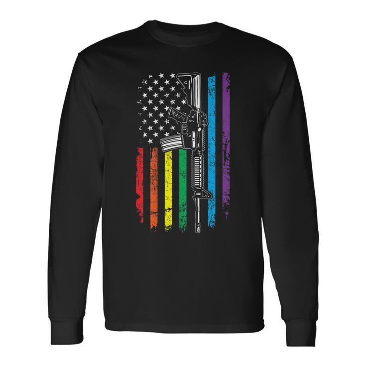 Rainbow Pro Gun American Flag Lgbt Gay Pride Ar15 On Back Long Sleeve T-Shirt