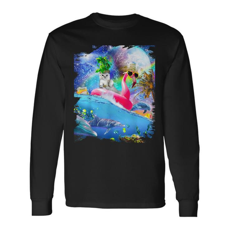 Rainbow Space Galaxy Cat On Flamingo Dolphin Long Sleeve T-Shirt
