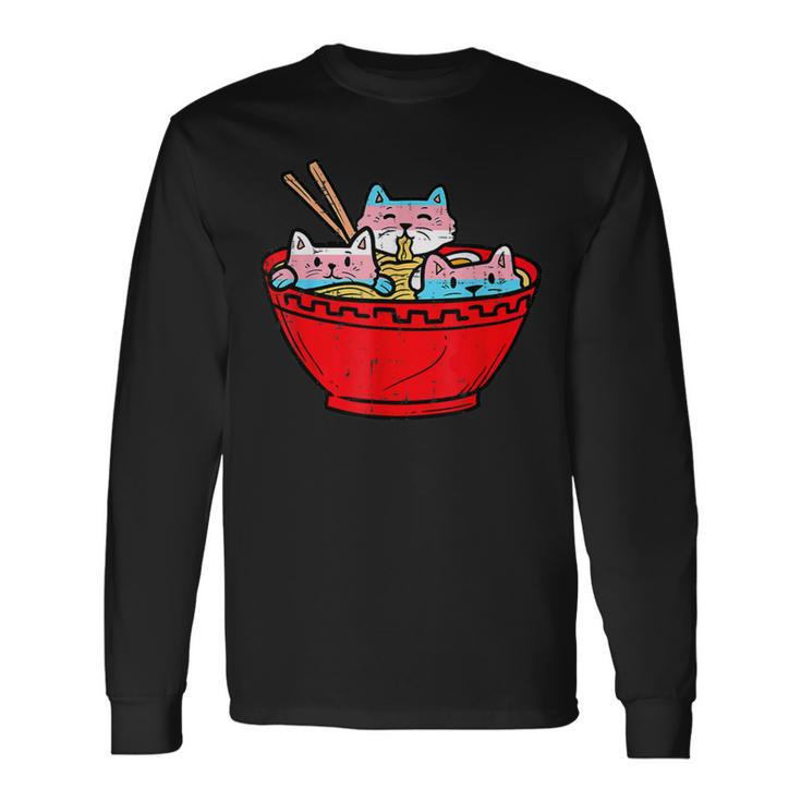 Ramen Cats Transgender Trans Pride Flag Japanese Noodle Food Long Sleeve T-Shirt