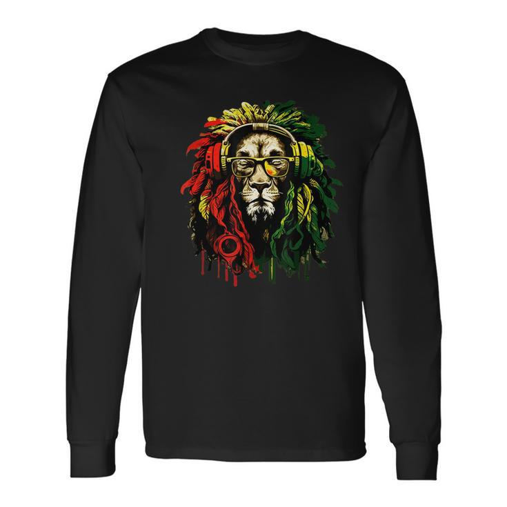 Rasta Reggae Music Headphones Hippie Reggae Lion Of Judah Long Sleeve T-Shirt